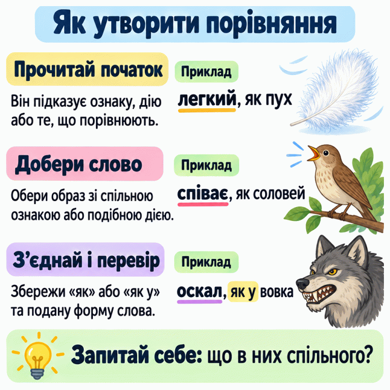 Картка пояснює: прочитай початок порівняння, добери образ зі спільною ознакою або подібною дією, збережи «як» чи «як у» та форму слова. Навчальні приклади: «легкий, як пух» із пуховою пушинкою; «співає, як соловей» зі співочим птахом; «оскал, як у вовка» з вовчою мордою та видимими зубами. Наприкінці запитай себе, що спільного в порівнюваних образах. Як утворити порівняння Прочитай початок: Він підказує ознаку, дію або те, що порівнюють. Добери слово: Обери образ зі спільною ознакою або подібною дією. З’єднай і перевір: Збережи «як» або «як у» та подану форму слова. Запитай себе: що в них спільного? Приклад легкий, як пух співає, як соловей оскал, як у вовка