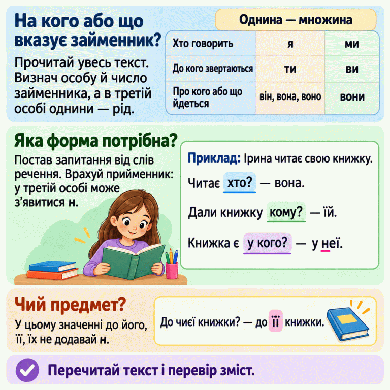 Пам’ятка про добір займенників до тексту. Таблиця розрізняє мовця, адресата та того, про кого або що йдеться, і подає форми однини та множини. Для третьої особи однини враховуємо рід. У навчальному прикладі Ірина читає свою книжку: читає хто — вона; дали книжку кому — їй; книжка є у кого — у неї. У словосполученні до її книжки слово її вказує на належність, тому початкового н не додаємо. Наприкінці потрібно перечитати текст і перевірити зміст. На кого або що вказує займенник?: Прочитай увесь текст. Визнач особу й число займенника, а в третій особі однини — рід. Яка форма потрібна?: Постав запитання від слів речення. Врахуй прийменник: у третій особі може з’явитися н. Чий предмет?: У цьому значенні до його, її, їх не додавай н. Перечитай текст і перевір зміст. Однина — множина Хто говорить я ми До кого звертаються ти ви Про кого або що йдеться він, вона, воно вони Приклад: Ірина читає свою книжку.
Читає хто? — вона.
Дали книжку кому? — їй.
Книжка є у кого? — у неї. До чиєї книжки? — до її книжки. ✓