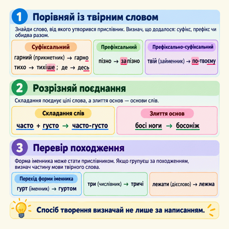 Навчальна картка про творення прислівників. Спочатку порівнюємо прислівник із твірним словом: гарний — гарно, тихо — тихіше, де — десь; пізно — запізно; твій — по-твоєму. Далі розрізняємо складання цілих слів: часто плюс густо — часто-густо, і злиття основ: босі ноги — босоніж. Форма іменника також може стати прислівником: гурт — гуртом. Частину мови твірного слова показано на прикметнику гарний, займеннику твій, іменнику гурт, числівнику три та дієслові лежати. Додаткові приклади: три — тричі, лежати — лежма. Спосіб творення визначаємо не лише за написанням. Порівняй із твірним словом: Знайди слово, від якого утворився прислівник. Визнач, що додалося: суфікс, префікс чи обидва разом. Розрізняй поєднання: Складання поєднує цілі слова, а злиття основ — основи слів. Перевір походження: Форма іменника може стати прислівником. Якщо групуєш за походженням, визнач частину мови твірного слова. Спосіб творення визначай не лише за написанням. Суфіксальний
гарний (прикметник) → гарно
тихо → тихіше; де → десь Префіксальний
пізно → запізно Префіксально-суфіксальний
твій (займенник) → по-твоєму Складання слів
часто + густо → часто-густо Злиття основ
босі ноги → босоніж Перехід форми іменника
гурт (іменник) → гуртом три (числівник) → тричі лежати (дієслово) → лежма 1 2 3