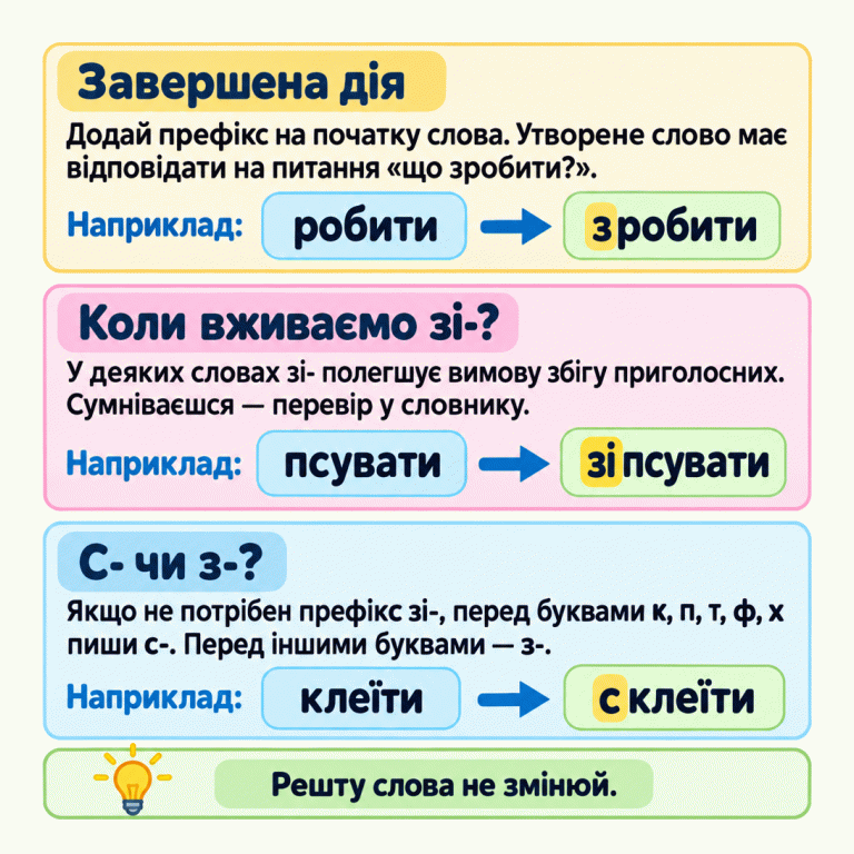 Три навчальні приклади додавання префікса. Робити — зробити: утворене слово відповідає на питання «що зробити?». Псувати — зіпсувати: у деяких словах зі- полегшує вимову збігу приголосних; за сумніву слово перевіряють у словнику. Клеїти — склеїти: якщо не потрібен префікс зі-, перед к, п, т, ф, х пишемо с-, перед іншими буквами — з-. Решту слова не змінюємо. Завершена дія: Додай префікс на початку слова. Утворене слово має відповідати на питання «що зробити?». Коли вживаємо зі-?: У деяких словах зі- полегшує вимову збігу приголосних. Сумніваєшся — перевір у словнику. С- чи з-?: Якщо не потрібен префікс зі-, перед буквами к, п, т, ф, х пиши с-. Перед іншими буквами — з-. Решту слова не змінюй. Наприклад: робити зробити псувати зіпсувати клеїти склеїти