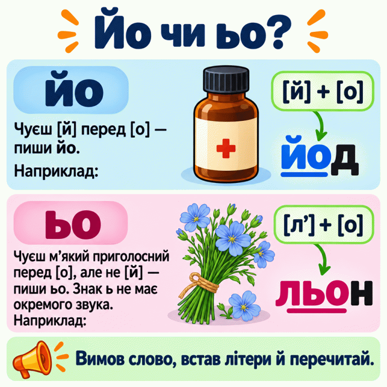 Два навчальні приклади. У слові йод сполучення йо передає звуки [й] та [о]. У слові льон фрагмент льо передає м’який [л’] та [о]; знак ь не має окремого звука. Щоб обрати йо або ьо, вимов слово й визнач, чи чути [й] перед [о]. Йо чи ьо? йо: Чуєш [й] перед [о] — пиши йо. Наприклад: ьо: Чуєш м’який приголосний перед [о], але не [й] — пиши ьо. Знак ь не має окремого звука. Наприклад: Вимов слово, встав літери й перечитай. йод [й] + [о] льон [л’] + [о] +