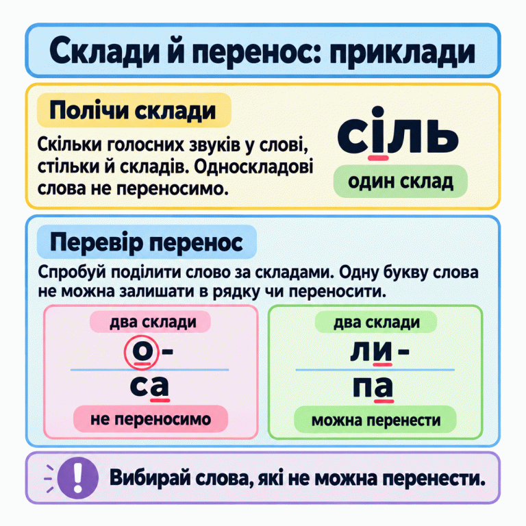 Навчальні приклади складоподілу й переносу. «Сіль» має один голосний звук і один склад, тому не переноситься. «Оса» має два склади, але перенос із «о-» в попередньому рядку та «са» в наступному заборонений: залишається одна буква слова. «Липа» теж має два склади, але її можна перенести: «ли-» в попередньому рядку, «па» в наступному. Вибираємо слова, які не можна перенести. Склади й перенос: приклади Полічи склади: Скільки голосних звуків у слові, стільки й складів. Односкладові слова не переносимо. Перевір перенос: Спробуй поділити слово за складами. Одну букву слова не можна залишати в рядку чи переносити. Вибирай слова, які не можна перенести. сіль один склад о- са ли- па два склади не переносимо можна перенести !
