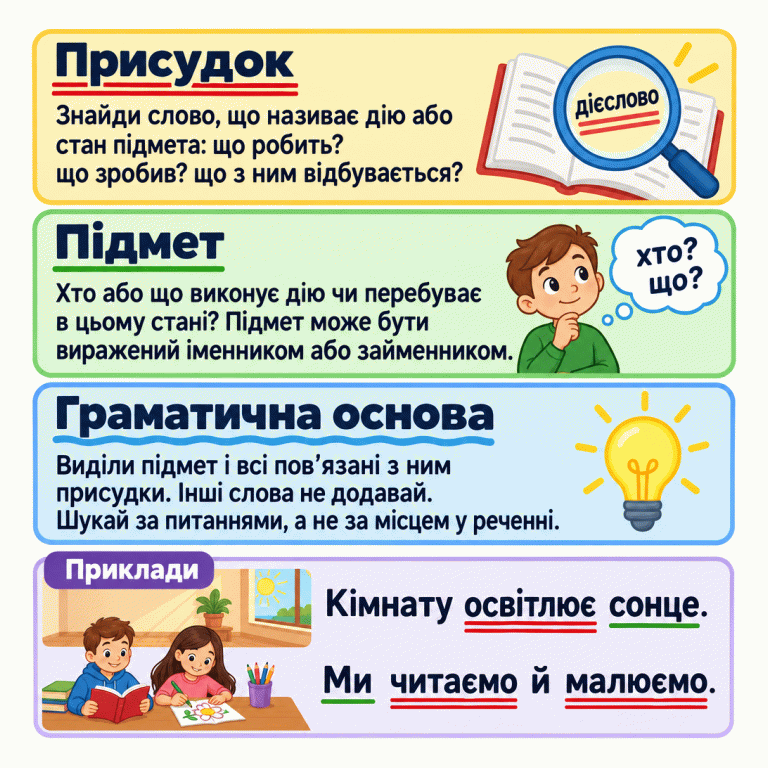 Пам’ятка про пошук граматичної основи. Спочатку знайди присудок, який називає дію або стан, потім установи, хто або що виконує дію чи перебуває в цьому стані. Підмет може бути виражений іменником або займенником. У навчальному прикладі «Кімнату освітлює сонце» підмет «сонце» підкреслено однією лінією, присудок «освітлює» — двома; «Кімнату» не підкреслено. У прикладі «Ми читаємо й малюємо» підмет «Ми» має одну лінію, а обидва присудки «читаємо» й «малюємо» — дві. Виділяй лише підмет і всі пов’язані з ним присудки, незалежно від їхнього місця в реченні. Присудок: Знайди слово, що називає дію або стан підмета: що робить? що зробив? що з ним відбувається? Підмет: Хто або що виконує дію чи перебуває в цьому стані? Підмет може бути виражений іменником або займенником. Граматична основа: Виділи підмет і всі пов’язані з ним присудки. Інші слова не додавай. Шукай за питаннями, а не за місцем у реченні. Приклади Кімнату освітлює сонце. Ми читаємо й малюємо. дієслово хто? що?