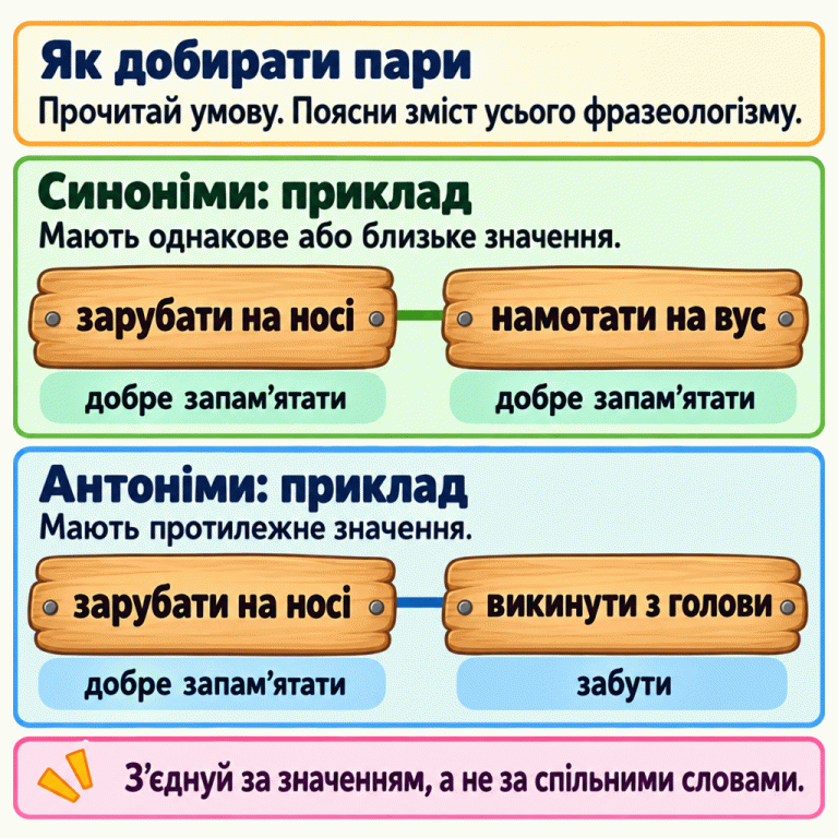 Спочатку прочитай умову й поясни зміст усього фразеологізму. Синоніми мають однакове або близьке значення. Приклад: «зарубати на носі» та «намотати на вус» означають «добре запам’ятати». Антоніми мають протилежне значення. Приклад: «зарубати на носі» — «добре запам’ятати», а «викинути з голови» — «забути». З’єднуй за значенням, а не за спільними словами. Як добирати пари: Прочитай умову. Поясни зміст усього фразеологізму. Синоніми: приклад: Мають однакове або близьке значення. Антоніми: приклад: Мають протилежне значення. З’єднуй за значенням, а не за спільними словами. зарубати на носі намотати на вус викинути з голови добре запам’ятати забути