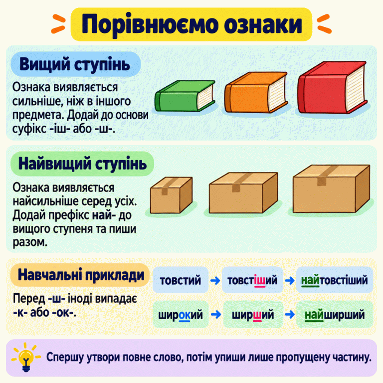 Вищий ступінь показує сильніший вияв ознаки й утворюється за допомогою -іш- або -ш-. Найвищий показує найсильніший вияв серед усіх: до вищого ступеня додаємо най- й пишемо разом. Навчальні приклади: товстий — товстіший — найтовстіший; широкий — ширший — найширший. Перед -ш- іноді випадає -к- або -ок-. Спершу утвори повне слово, потім упиши лише пропущену частину. Порівнюємо ознаки Вищий ступінь: Ознака виявляється сильніше, ніж в іншого предмета. Додай до основи суфікс -іш- або -ш-. Найвищий ступінь: Ознака виявляється найсильніше серед усіх. Додай префікс най- до вищого ступеня та пиши разом. Навчальні приклади: Перед -ш- іноді випадає -к- або -ок-. Спершу утвори повне слово, потім упиши лише пропущену частину. товстий товстіший найтовстіший широкий ширший найширший