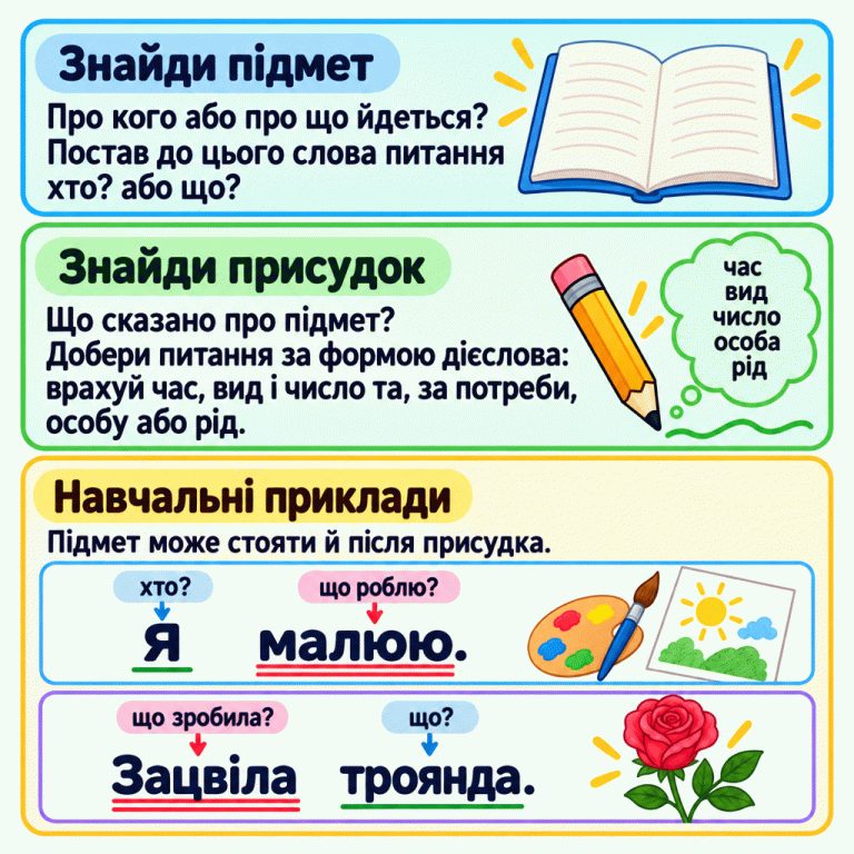 Підмет знаходимо за питаннями хто? або що? Питання до присудка добираємо відповідно до форми дієслова: враховуємо час, вид, число та, за потреби, особу або рід. Навчальний приклад «Я малюю.»: хто? — Я; що роблю? — малюю. Навчальний приклад «Зацвіла троянда.»: що зробила? — зацвіла; що? — троянда. У другому прикладі підмет стоїть після присудка. Знайди підмет: Про кого або про що йдеться? Постав до цього слова питання хто? або що? Знайди присудок: Що сказано про підмет? Добери питання за формою дієслова: врахуй час, вид і число та, за потреби, особу або рід. Навчальні приклади: Підмет може стояти й після присудка. Я малюю. хто? що роблю? Зацвіла троянда. що зробила? що? час вид число особа рід