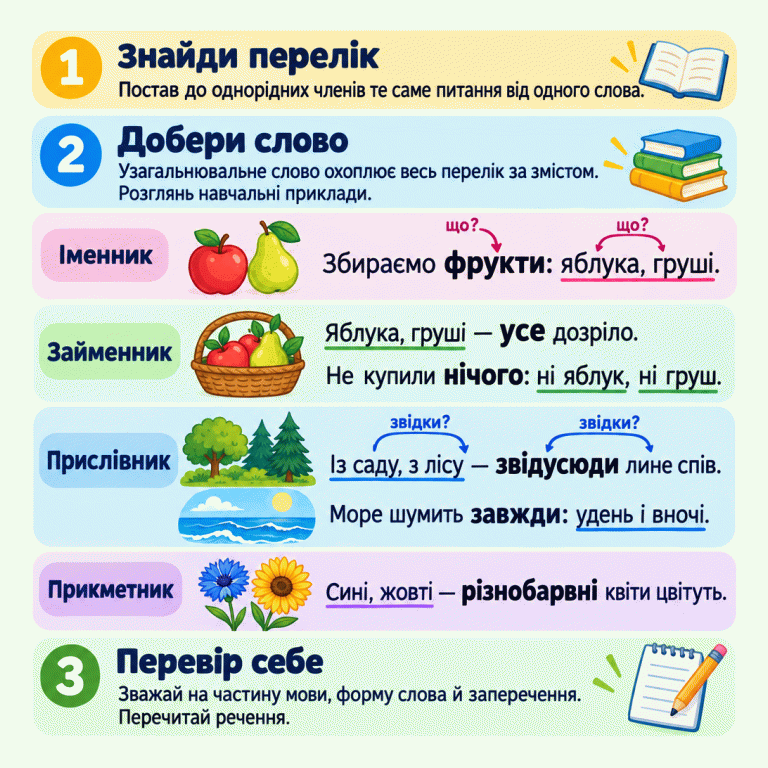 Картка пояснює, як дібрати узагальнювальне слово: знайти однорідні члени, визначити спільний зміст переліку та перевірити частину мови, форму слова й заперечення. Навчальні схеми показують: фрукти — спільна назва яблук і груш; усе охоплює обидві назви, а нічого узагальнює заперечний перелік. Звідусюди об’єднує джерела співу із саду та з лісу, завжди — удень і вночі, різнобарвні — сині й жовті. Узагальнювальні слова виділені напівжирним. Питання що? та звідки? показують зв’язок переліків з узагальненнями. Знайди перелік: Постав до однорідних членів те саме питання від одного слова. Добери слово: Узагальнювальне слово охоплює весь перелік за змістом. Розглянь навчальні приклади. Перевір себе: Зважай на частину мови, форму слова й заперечення. Перечитай речення. Іменник Збираємо фрукти: яблука, груші. Займенник Яблука, груші — усе дозріло. Не купили нічого: ні яблук, ні груш. Прислівник Із саду, з лісу — звідусюди лине спів. Море шумить завжди: удень і вночі. Прикметник Сині, жовті — різнобарвні квіти цвітуть. що? звідки? 1 2 3