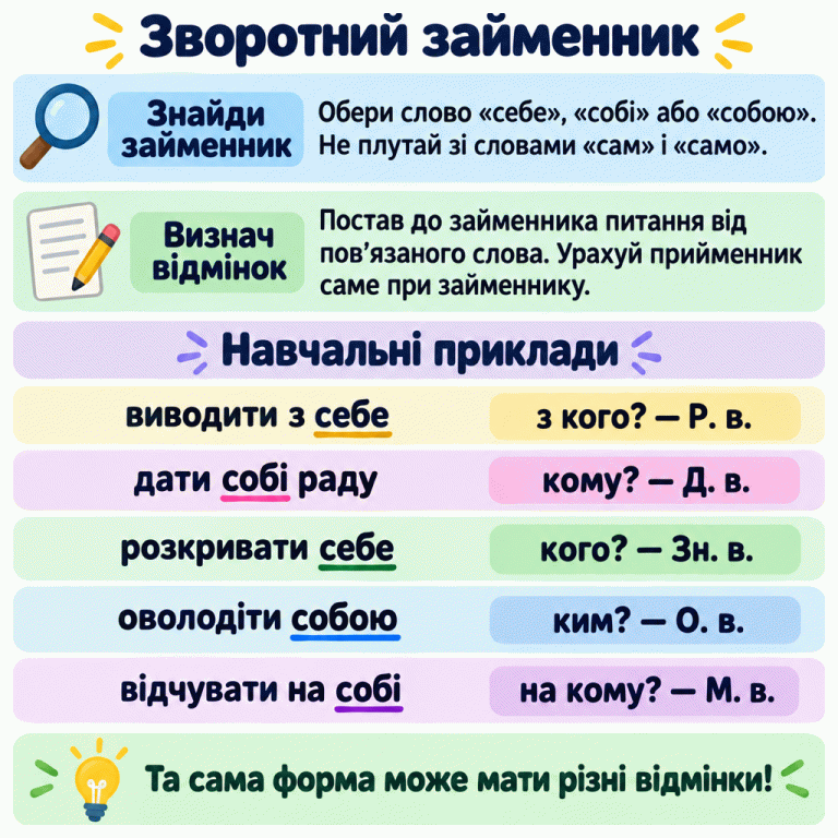 Пам’ятка про відмінок зворотного займенника. Спочатку знайди себе, собі або собою, не плутаючи зі словами сам і само. Постав питання від пов’язаного слова та врахуй прийменник при займеннику. Навчальні приклади: виводити з себе — з кого? — родовий; дати собі раду — кому? — давальний; розкривати себе — кого? — знахідний; оволодіти собою — ким? — орудний; відчувати на собі — на кому? — місцевий. У фразах підкреслено лише зворотні займенники. Та сама форма може мати різні відмінки. Зворотний займенник Знайди займенник: Обери слово «себе», «собі» або «собою». Не плутай зі словами «сам» і «само». Визнач відмінок: Постав до займенника питання від пов’язаного слова. Урахуй прийменник саме при займеннику. Та сама форма може мати різні відмінки! Навчальні приклади виводити з себе з кого? — Р. в. дати собі раду кому? — Д. в. розкривати себе кого? — Зн. в. оволодіти собою ким? — О. в. відчувати на собі на кому? — М. в.