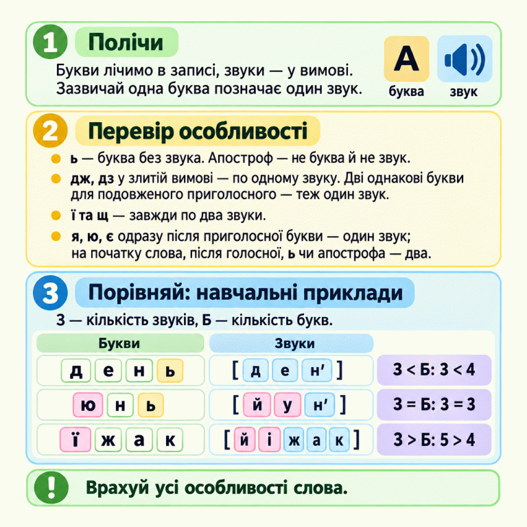 Пам’ятка про порівняння кількості звуків і букв. Букви лічимо в записі, звуки — у вимові. Ь є буквою без окремого звука; апостроф не є ні буквою, ні звуком. Злиті дж, дз та подвоєні букви для подовженого приголосного передають по одному звуку. Ї та щ завжди позначають по два звуки. Я, ю, є одразу після приголосної букви позначають один звук, а на початку слова, після голосної, ь чи апострофа — два. Три навчальні приклади: день — три звуки, чотири букви, З < Б; юнь — три звуки й три букви, З = Б; їжак — п’ять звуків, чотири букви, З > Б. У слові юнь буква ю дає два звуки, а ь не дає окремого звука, тому підсумкові кількості рівні. Нагадування: врахуй усі особливості слова. Полічи: Букви лічимо в записі, звуки — у вимові. Зазвичай одна буква позначає один звук. Перевір особливості: ь — буква без звука. Апостроф — не буква й не звук.
дж, дз у злитій вимові — по одному звуку. Дві однакові букви для подовженого приголосного — теж один звук.
ї та щ — завжди по два звуки.
я, ю, є одразу після приголосної букви — один звук; на початку слова, після голосної, ь чи апострофа — два. Порівняй: навчальні приклади: З — кількість звуків, Б — кількість букв. Врахуй усі особливості слова. Букви Звуки день [д е н′] З < Б: 3 < 4 юнь [й у н′] З = Б: 3 = 3 їжак [й і ж а к] З > Б: 5 > 4 1 А буква звук 2 3 !