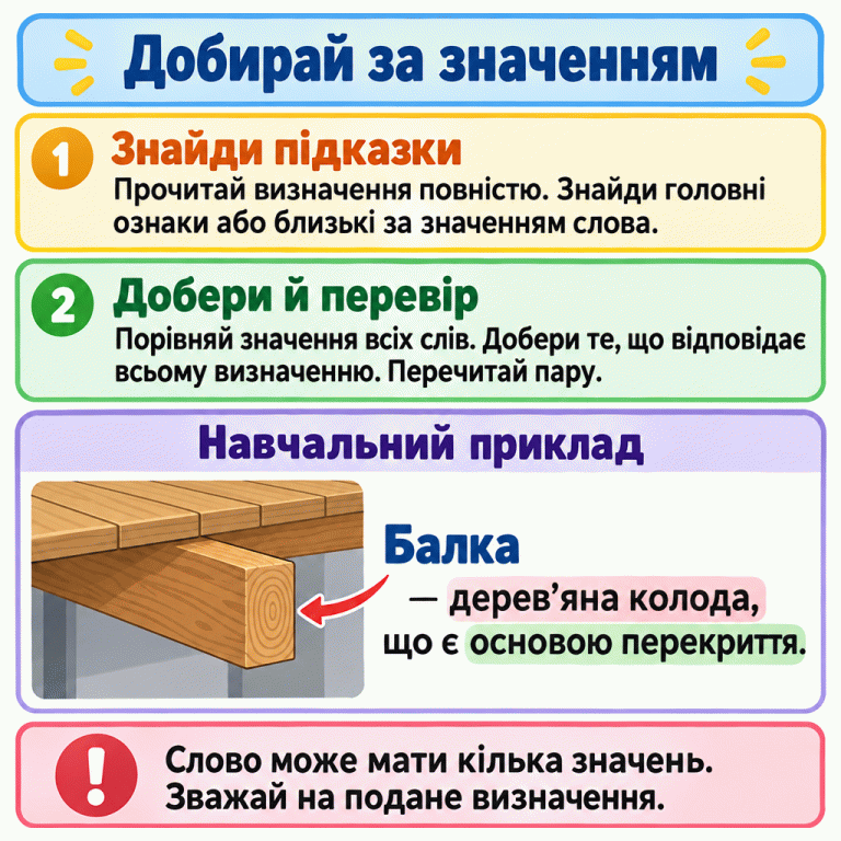 Картка пояснює, як добирати слова до визначень: прочитати тлумачення повністю, знайти головні ознаки або близькі за значенням слова, порівняти значення всіх варіантів і перевірити пару. Навчальний приклад: «Балка — дерев’яна колода, що є основою перекриття». На малюнку дерев’яна балка підтримує настил; у визначенні підкреслено матеріал і функцію. Нагадування: слово може мати кілька значень, тому слід зважати на подане визначення. Добирай за значенням Знайди підказки: Прочитай визначення повністю. Знайди головні ознаки або близькі за значенням слова. Добери й перевір: Порівняй значення всіх слів. Добери те, що відповідає всьому визначенню. Перечитай пару. Слово може мати кілька значень. Зважай на подане визначення. Навчальний приклад Балка — дерев’яна колода, що є основою перекриття. 1 2 !