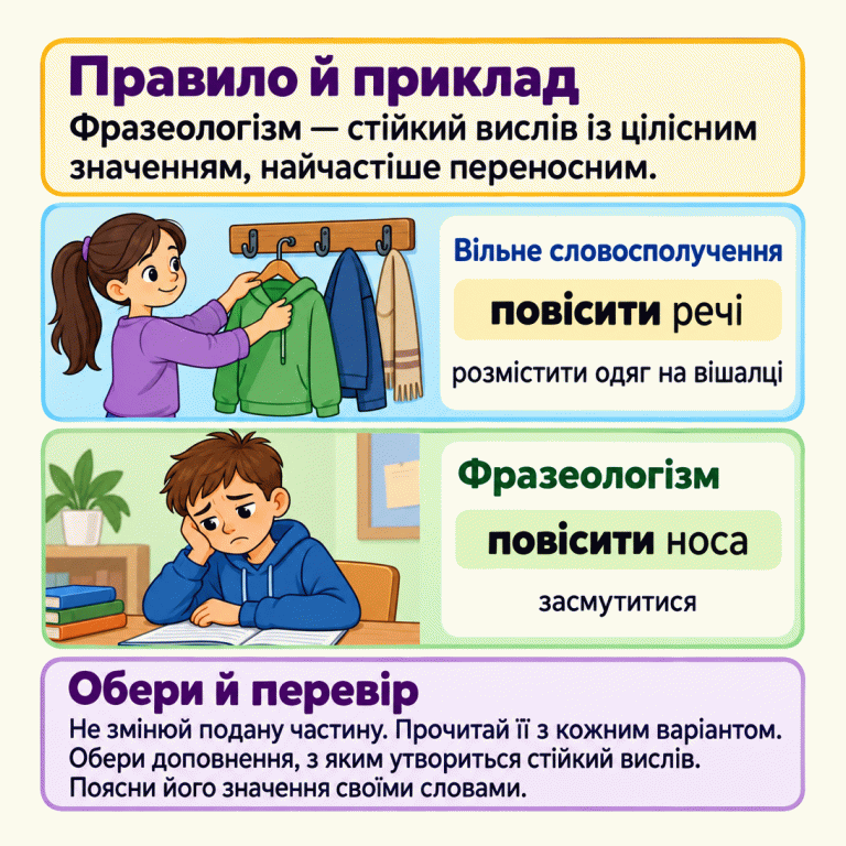 Навчальний приклад порівнює два вислови. «Повісити речі» означає розмістити одяг на вішалці; це показано буквально. «Повісити носа» означає засмутитися; поруч зображено засмученого школяра. Фразеологізм — стійкий вислів із цілісним, найчастіше переносним значенням. Щоб дібрати доповнення, прочитай незмінену подану частину з кожним варіантом і поясни значення утвореного вислову своїми словами. Правило й приклад: Фразеологізм — стійкий вислів із цілісним значенням, найчастіше переносним. Обери й перевір: Не змінюй подану частину. Прочитай її з кожним варіантом. Обери доповнення, з яким утвориться стійкий вислів. Поясни його значення своїми словами. Вільне словосполучення повісити речі розмістити одяг на вішалці Фразеологізм повісити носа засмутитися
