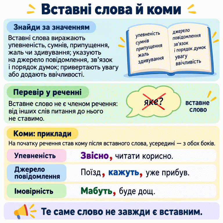 Картка пояснює значення вставних слів: упевненість, сумнів, припущення, жаль, здивування, джерело повідомлення, зв’язок і порядок думок, увагу та ввічливість. Вставне слово не є членом речення; питання від інших слів до нього не ставлять. У прикладах «Звісно, читати корисно.» та «Мабуть, буде дощ.» кома стоїть після початкового вставного слова. У реченні «Поїзд, кажуть, уже прибув.» слово «кажуть» виділене комами з обох боків. Нагадування: те саме слово не завжди є вставним. Вставні слова й коми Знайди за значенням: Вставні слова виражають упевненість, сумнів, припущення, жаль чи здивування; указують на джерело повідомлення, зв’язок і порядок думок; привертають увагу або додають ввічливості. Перевір у реченні: Вставне слово не є членом речення: від інших слів питання до нього не ставимо. Коми: приклади: На початку речення став кому після вставного слова, усередині — з обох боків. Те саме слово не завжди є вставним. Упевненість Звісно, читати корисно. Джерело повідомлення Поїзд, кажуть, уже прибув. Імовірність Мабуть, буде дощ. упевненість сумнів припущення жаль здивування джерело повідомлення зв’язок і порядок думок увагу ввічливість яке? × вставне слово