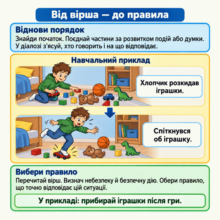 Картка пояснює, як поєднати частини вірша за розвитком подій або думки, простежити репліки та вибрати правило за описаною небезпекою. У навчальному прикладі хлопчик розкидав іграшки, а потім спіткнувся об одну з них. Відповідне правило для цього прикладу — прибирати іграшки після гри. Від вірша — до правила Віднови порядок: Знайди початок. Поєднай частини за розвитком подій або думки. У діалозі з’ясуй, хто говорить і на що відповідає. Вибери правило: Перечитай вірш. Визнач небезпеку й безпечну дію. Обери правило, що точно відповідає цій ситуації. Навчальний приклад Хлопчик розкидав іграшки. Спіткнувся об іграшку. У прикладі: прибирай іграшки після гри.