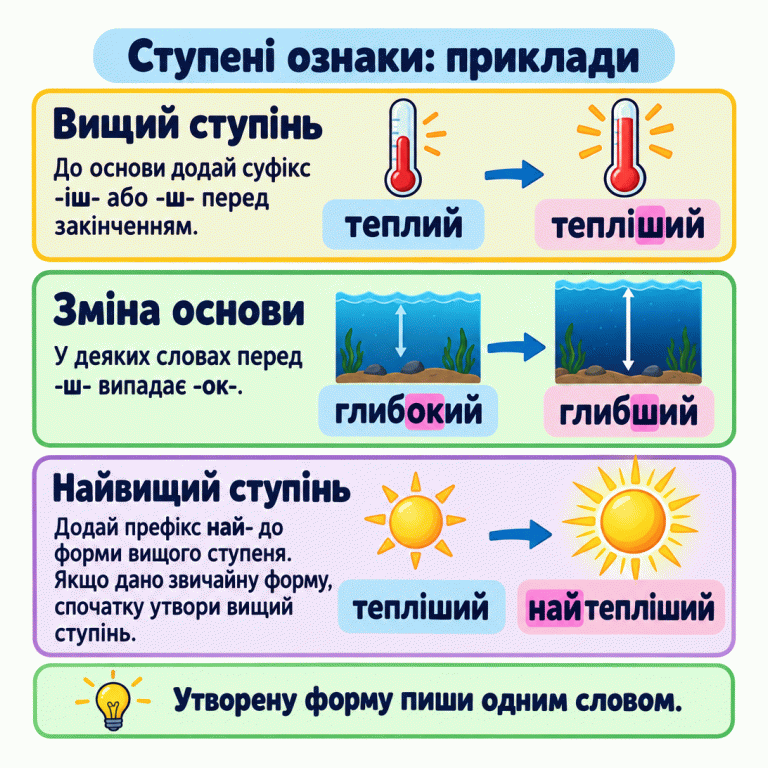 Три навчальні приклади утворення ступенів ознаки. Теплий переходить у тепліший із додаванням суфікса -іш-. Глибокий переходить у глибший: -ок- випадає з основи, додається -ш-. Тепліший переходить у найтепліший за допомогою префікса най-. Якщо дана звичайна форма, для найвищого ступеня спочатку утворюють вищий. Утворені форми пишуть одним словом. Ступені ознаки: приклади Вищий ступінь: До основи додай суфікс -іш- або -ш- перед закінченням. Зміна основи: У деяких словах перед -ш- випадає -ок-. Найвищий ступінь: Додай префікс най- до форми вищого ступеня. Якщо дано звичайну форму, спочатку утвори вищий ступінь. Утворену форму пиши одним словом. теплий тепліший глибокий глибший найтепліший