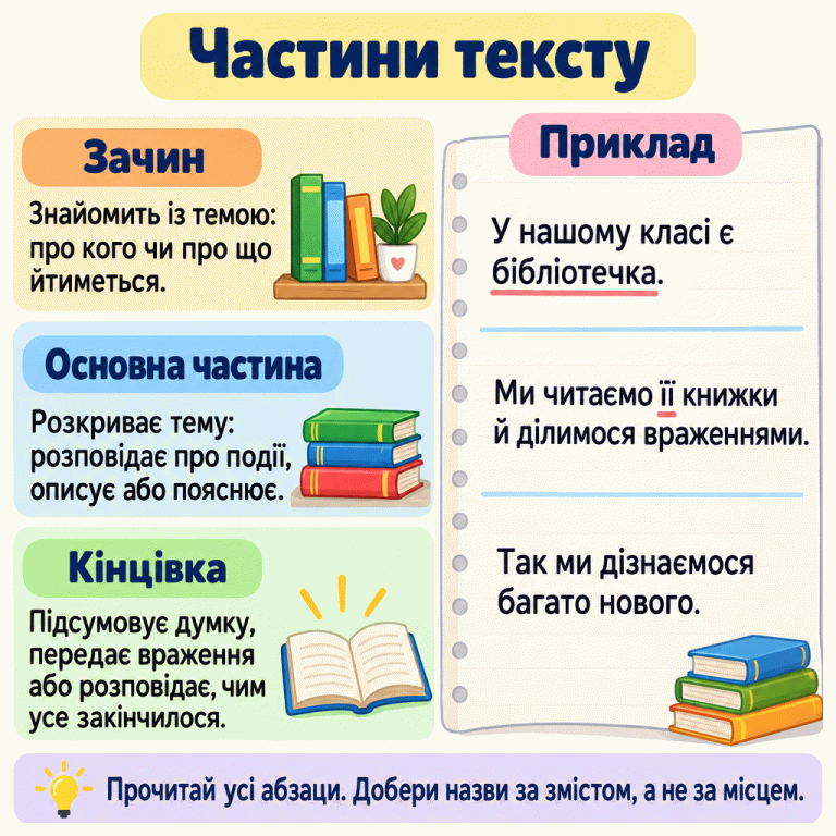 Картка пояснює зачин, основну частину й кінцівку тексту. У навчальному прикладі спочатку названо класну бібліотечку, далі розказано про читання її книжок та обмін враженнями, насамкінець підсумовано, що так діти дізнаються нове. Назви частин добирають за змістом і зв’язком абзаців, а не за їхнім місцем. Частини тексту Зачин: Знайомить із темою: про кого чи про що йтиметься. Основна частина: Розкриває тему: розповідає про події, описує або пояснює. Кінцівка: Підсумовує думку, передає враження або розповідає, чим усе закінчилося. Прочитай усі абзаци. Добери назви за змістом, а не за місцем. Приклад У нашому класі є бібліотечка. Ми читаємо її книжки й ділимося враженнями. Так ми дізнаємося багато нового.