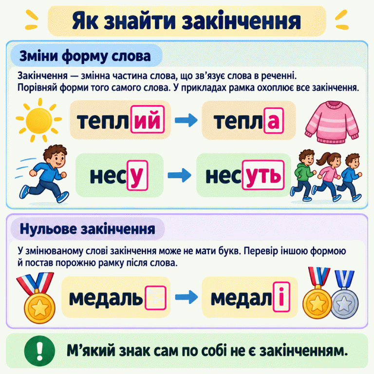 Закінчення знаходять, порівнюючи форми того самого слова. У навчальній парі теплий — тепла рамками виділено ий та а; у парі несу — несуть — у та уть. Після цілого слова медаль стоїть порожня рамка нульового закінчення, а у формі медалі виділено і. М’який знак у слові медаль не є закінченням, а у слові несуть входить до закінчення уть. Як знайти закінчення Зміни форму слова: Закінчення — змінна частина слова, що зв’язує слова в реченні. Порівняй форми того самого слова. У прикладах рамка охоплює все закінчення. Нульове закінчення: У змінюваному слові закінчення може не мати букв. Перевір іншою формою й постав порожню рамку після слова. М’який знак сам по собі не є закінченням. теплий тепла несу несуть медаль медалі !