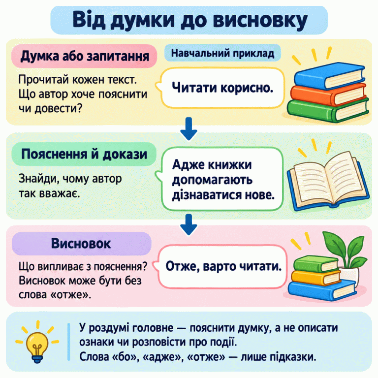 Схема тексту-роздуму: думка або запитання, пояснення й докази, висновок. Навчальний приклад: «Читати корисно. Адже книжки допомагають дізнаватися нове. Отже, варто читати». Підказки пропонують прочитати кожен текст, знайти думку, причини та підсумок. Головне в роздумі — пояснення думки, а не опис ознак чи розповідь про події. Слова «бо», «адже», «отже» лише допомагають; висновок може бути без слова «отже». Від думки до висновку Думка або запитання: Прочитай кожен текст. Що автор хоче пояснити чи довести? Пояснення й докази: Знайди, чому автор так вважає. Висновок: Що випливає з пояснення? Висновок може бути без слова «отже». У роздумі головне — пояснити думку, а не описати ознаки чи розповісти про події. Слова «бо», «адже», «отже» — лише підказки. Навчальний приклад Читати корисно. Адже книжки допомагають дізнаватися нове. Отже, варто читати.