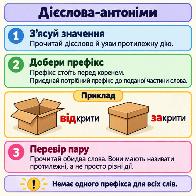 Картка пояснює, як утворити дієслово-антонім: зрозуміти початкову дію, добрати префікс до поданої частини слова та перевірити протилежність значень. У навчальному прикладі відкрита коробка має підпис «відкрити», а закрита — «закрити». У словах виділено префікси «від» і «за», а частина «крити» залишається незмінною. Для всіх слів немає одного спільного префікса. Дієслова-антоніми З’ясуй значення: Прочитай дієслово й уяви протилежну дію. Добери префікс: Префікс стоїть перед коренем. Приєднай потрібний префікс до поданої частини слова. Перевір пару: Прочитай обидва слова. Вони мають називати протилежні, а не просто різні дії. Немає одного префікса для всіх слів. Приклад відкрити закрити 1 2 3 !