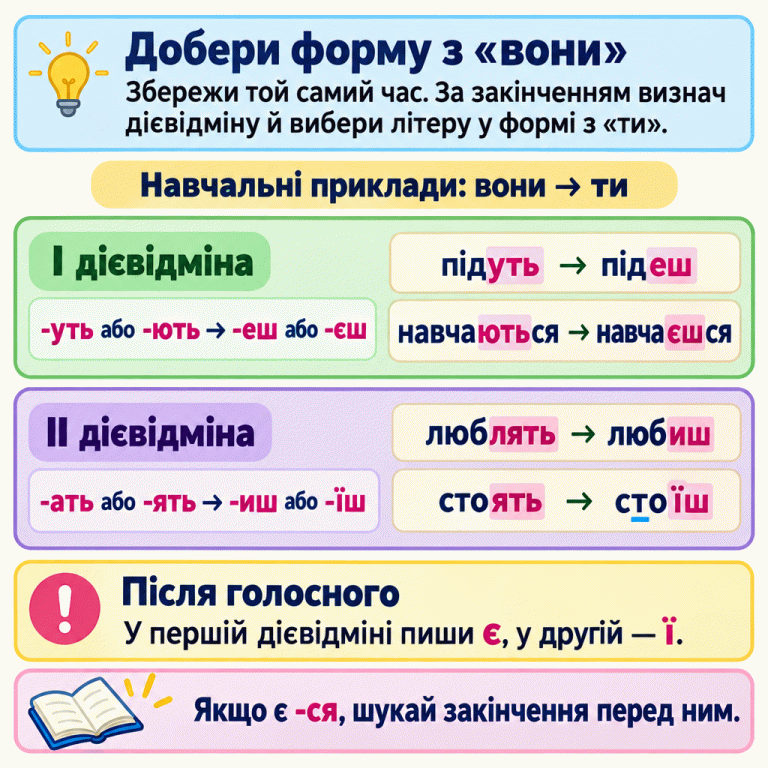Схема перевірки пропущеної голосної в закінченні дієслова. Добери форму з «вони» в тому самому часі. І дієвідміна: -уть або -ють підказують -еш або -єш. Навчальні приклади: підуть — підеш, навчаються — навчаєшся. ІІ дієвідміна: -ать або -ять підказують -иш або -їш. Приклади: люблять — любиш, стоять — стоїш. Після голосного в І дієвідміні пишемо є, у ІІ — ї. Якщо є -ся, закінчення шукаємо перед ним. Добери форму з «вони»: Збережи той самий час. За закінченням визнач дієвідміну й вибери літеру у формі з «ти». Після голосного: У першій дієвідміні пиши є, у другій — ї. Якщо є -ся, шукай закінчення перед ним. Навчальні приклади: вони → ти І дієвідміна -уть або -ють → -еш або -єш підуть → підеш навчаються → навчаєшся ІІ дієвідміна -ать або -ять → -иш або -їш люблять → любиш стоять → стоїш !