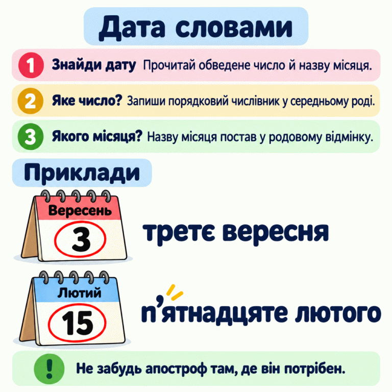 Щоб записати дату словами, знайди обведене число та назву місяця. Число запиши порядковим числівником середнього роду, а місяць — у родовому відмінку. Навчальні приклади: 3 у вересні — «третє вересня»; 15 у лютому — «п’ятнадцяте лютого». У слові «п’ятнадцяте» звернено увагу на апостроф. Дата словами Знайди дату: Прочитай обведене число й назву місяця. Яке число?: Запиши порядковий числівник у середньому роді. Якого місяця?: Назву місяця постав у родовому відмінку. Не забудь апостроф там, де він потрібен. Приклади Вересень 3 третє вересня Лютий 15 п’ятнадцяте лютого 1 2 3 !
