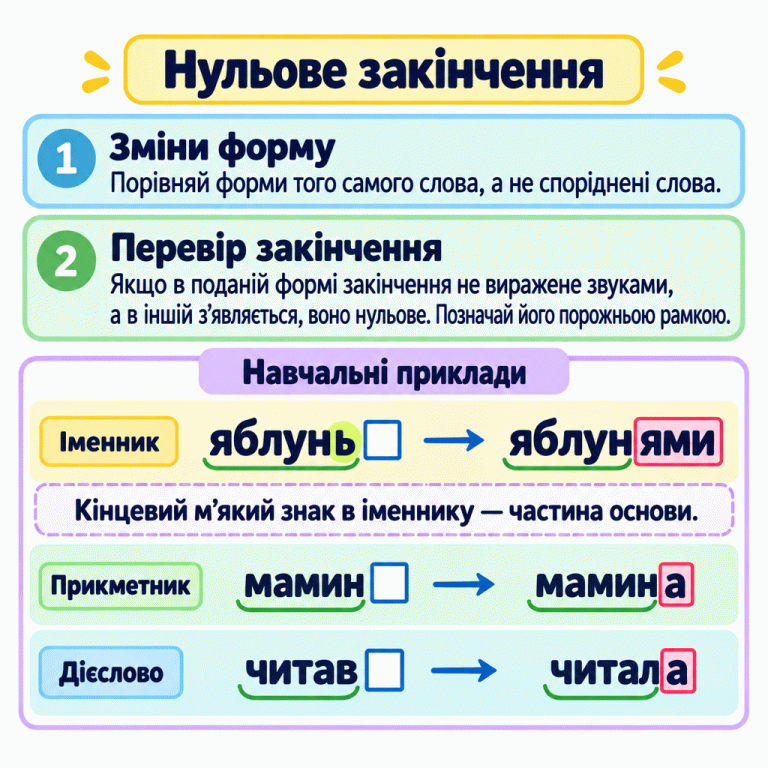 Пояснення пошуку нульового закінчення через порівняння форм того самого слова. Навчальні пари: «яблунь — яблунями», «мамин — мамина», «читав — читала». Після першої форми кожної пари стоїть порожня рамка — позначення нульового закінчення. У других формах обведено закінчення «ями», кінцеву «а» та кінцеву «а» відповідно. Кінцевий м’який знак у слові «яблунь» належить до основи. Нульове закінчення Зміни форму: Порівняй форми того самого слова, а не споріднені слова. Перевір закінчення: Якщо в поданій формі закінчення не виражене звуками, а в іншій з’являється, воно нульове. Позначай його порожньою рамкою. Кінцевий м’який знак в іменнику — частина основи. Навчальні приклади Іменник яблунь яблунями Прикметник мамин мамина Дієслово читав читала □ 1 2