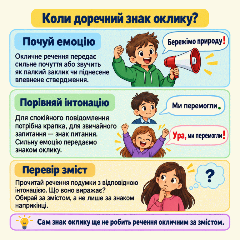 Картка пояснює, що окличне речення передає сильне почуття, палкий заклик або піднесене впевнене ствердження. Спокійний учень говорить: «Ми перемогли.» Радісний учень вигукує: «Ура, ми перемогли!» Інший учень палко закликає: «Бережімо природу!» Щоб перевірити знак оклику, потрібно визначити зміст та уявити інтонацію, а не орієнтуватися лише на вже надрукований знак. Коли доречний знак оклику? Почуй емоцію: Окличне речення передає сильне почуття або звучить як палкий заклик чи піднесене впевнене ствердження. Порівняй інтонацію: Для спокійного повідомлення потрібна крапка, для звичайного запитання — знак питання. Сильну емоцію передаємо знаком оклику. Перевір зміст: Прочитай речення подумки з відповідною інтонацією. Що воно виражає? Обирай за змістом, а не лише за знаком наприкінці. Сам знак оклику ще не робить речення окличним за змістом. Бережімо природу! Ми перемогли. Ура, ми перемогли! ?