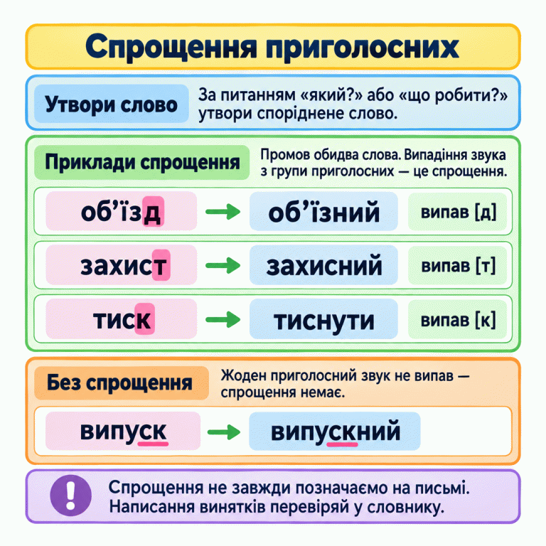Утвори споріднене слово за питанням і порівняй вимову обох слів. Приклади спрощення: об’їзд — об’їзний, захист — захисний, тиск — тиснути. У цих парах випадають відповідно звуки [д], [т], [к]. У парі випуск — випускний приголосні не випадають. Спрощення не завжди позначаємо на письмі, тому написання винятків перевіряй у словнику. Спрощення приголосних Утвори слово: За питанням «який?» або «що робити?» утвори споріднене слово. Приклади спрощення: Промов обидва слова. Випадіння звука з групи приголосних — це спрощення. Без спрощення: Жоден приголосний звук не випав — спрощення немає. Спрощення не завжди позначаємо на письмі. Написання винятків перевіряй у словнику. об’їзд об’їзний випав [д] захист захисний випав [т] тиск тиснути випав [к] випуск випускний !