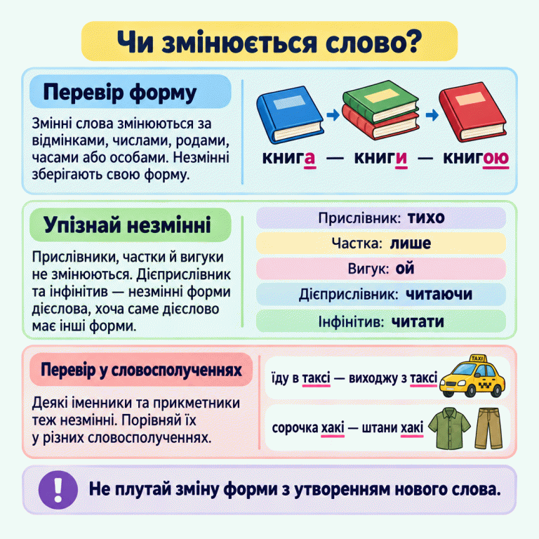 Картка пояснює різницю між змінними й незмінними словами. Книга, книги, книгою — різні форми одного слова. Тихо, лише, ой, читаючи й читати представляють незмінні слова та форми. У словосполученнях їду в таксі й виходжу з таксі слово таксі не змінюється; у словосполученнях сорочка хакі й штани хакі незмінним залишається хакі. Чи змінюється слово? Перевір форму: Змінні слова змінюються за відмінками, числами, родами, часами або особами. Незмінні зберігають свою форму. Упізнай незмінні: Прислівники, частки й вигуки не змінюються. Дієприслівник та інфінітив — незмінні форми дієслова, хоча саме дієслово має інші форми. Перевір у словосполученнях: Деякі іменники та прикметники теж незмінні. Порівняй їх у різних словосполученнях. Не плутай зміну форми з утворенням нового слова. книга — книги — книгою Прислівник: тихо Частка: лише Вигук: ой Дієприслівник: читаючи Інфінітив: читати їду в таксі — виходжу з таксі сорочка хакі — штани хакі TAXI !