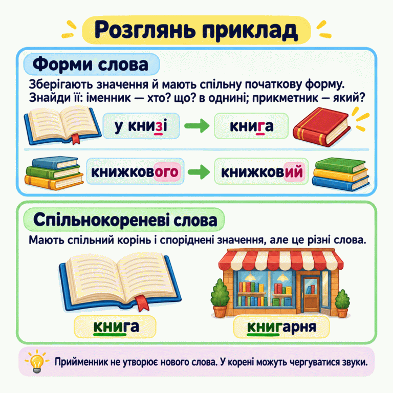 Навчальний приклад: «у книзі» та «книга» — форми одного іменника; «книжкового» та «книжковий» — форми одного прикметника. У кожній парі значення зберігається, а початкова форма та сама. «Книга» та «книгарня» — різні спільнокореневі слова: предмет для читання і магазин книжок. Прийменник не утворює нового слова, а звуки в корені можуть чергуватися. Розглянь приклад Форми слова: Зберігають значення й мають спільну початкову форму. Знайди її: іменник — хто? що? в однині; прикметник — який? Спільнокореневі слова: Мають спільний корінь і споріднені значення, але це різні слова. Прийменник не утворює нового слова. У корені можуть чергуватися звуки. у книзі книга книжкового книжковий книгарня