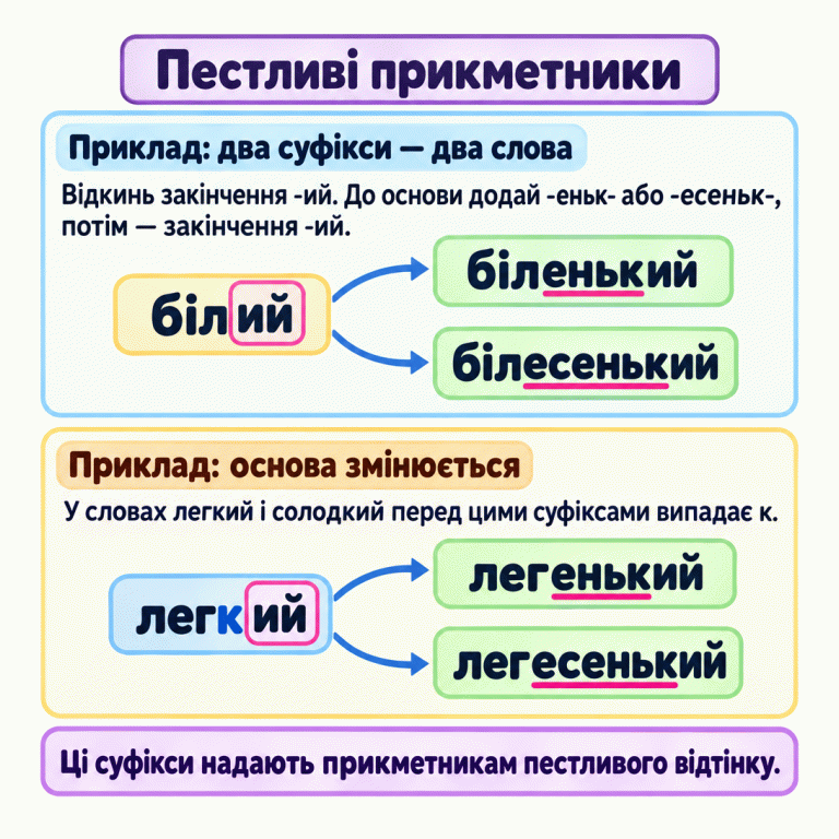 Два навчальні приклади утворення пестливих прикметників. Білий — біленький, білесенький: основа біл зберігається. Легкий — легенький, легесенький: основа легк змінюється на лег. Спочатку відкидають закінчення -ий, додають -еньк- або -есеньк- і повертають -ий. У словах легкий і солодкий перед цими суфіксами випадає к. З кожним суфіксом утворюють окреме слово з пестливим відтінком. Пестливі прикметники Приклад: два суфікси — два слова: Відкинь закінчення -ий. До основи додай -еньк- або -есеньк-, потім — закінчення -ий. Приклад: основа змінюється: У словах легкий і солодкий перед цими суфіксами випадає к. Ці суфікси надають прикметникам пестливого відтінку. білий біленький білесенький легкий легенький легесенький