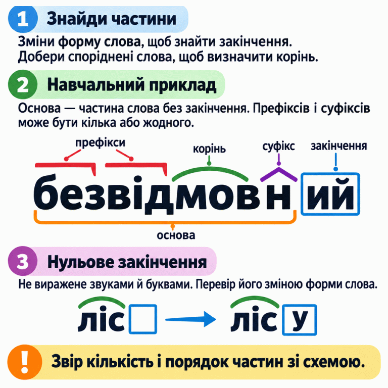 Навчальний розбір слова «безвідмовний»: префікси без і від, корінь мов, суфікс н, закінчення ий. Нижня дужка охоплює основу безвідмовн. Нижче слово «ліс» із порожньою рамкою нульового закінчення змінюється на «лісу», де в рамці стоїть у. Пам’ятка радить визначати закінчення зміною форми слова, корінь — за спорідненими словами, а потім звіряти кількість і порядок частин зі схемою. Знайди частини: Зміни форму слова, щоб знайти закінчення. Добери споріднені слова, щоб визначити корінь. Навчальний приклад: Основа — частина слова без закінчення. Префіксів і суфіксів може бути кілька або жодного. Нульове закінчення: Не виражене звуками й буквами. Перевір його зміною форми слова. Звір кількість і порядок частин зі схемою. безвідмовний префікси корінь суфікс закінчення основа ліс лісу 1 2 3 !