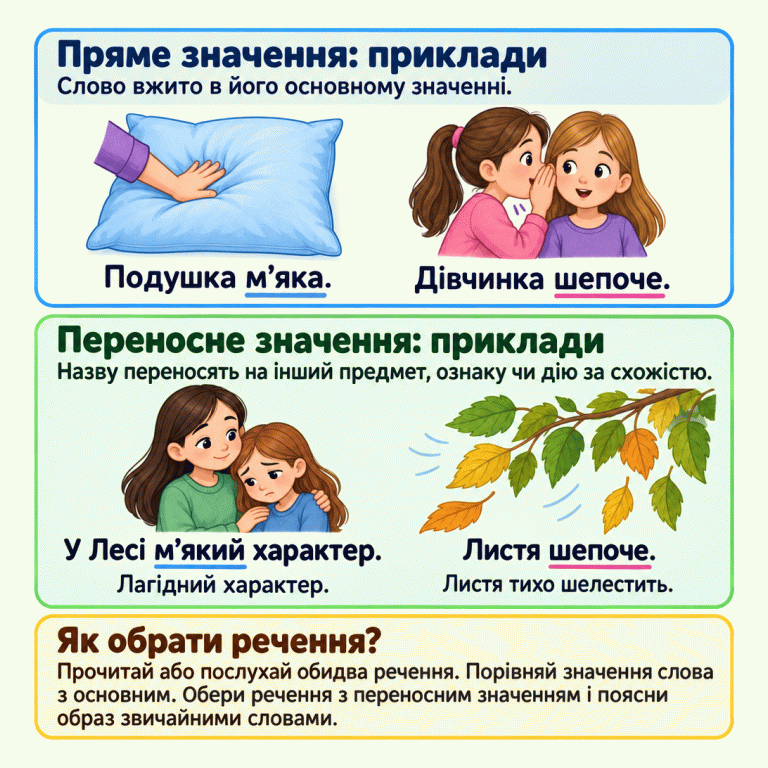 Навчальні приклади прямого й переносного значення. Подушка м’яка — це її фізична властивість. У Лесі м’який характер — тобто лагідний. Дівчинка шепоче — тихо говорить. Листя шепоче — тихо шелестить. Щоб обрати речення, порівняй значення слова з основним, знайди перенесення за схожістю та поясни його звичайними словами. Пряме значення: приклади: Слово вжито в його основному значенні. Переносне значення: приклади: Назву переносять на інший предмет, ознаку чи дію за схожістю. Як обрати речення?: Прочитай або послухай обидва речення. Порівняй значення слова з основним. Обери речення з переносним значенням і поясни образ звичайними словами. Подушка м’яка. Дівчинка шепоче. У Лесі м’який характер. Лагідний характер. Листя шепоче. Листя тихо шелестить.