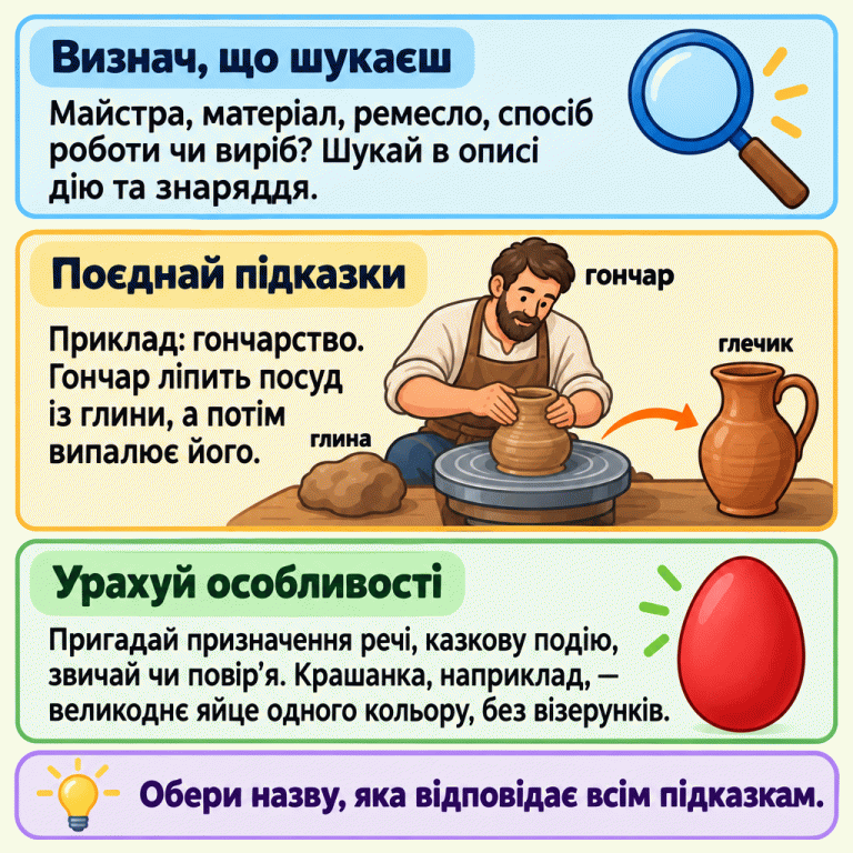 Пам’ятка радить визначити, що потрібно назвати: майстра, матеріал, ремесло, спосіб роботи чи виріб. На прикладі гончарства показано гончара, глину та готовий глечик. Гончар ліпить посуд, а потім випалює його. Окремо показано крашанку — великоднє яйце одного кольору без візерунків. Для вибору назви потрібно врахувати дію, знаряддя, призначення, казкову подію, звичай або повір’я. Визнач, що шукаєш: Майстра, матеріал, ремесло, спосіб роботи чи виріб? Шукай в описі дію та знаряддя. Поєднай підказки: Приклад: гончарство. Гончар ліпить посуд із глини, а потім випалює його. Урахуй особливості: Пригадай призначення речі, казкову подію, звичай чи повір’я. Крашанка, наприклад, — великоднє яйце одного кольору, без візерунків. Обери назву, яка відповідає всім підказкам. гончар глина глечик