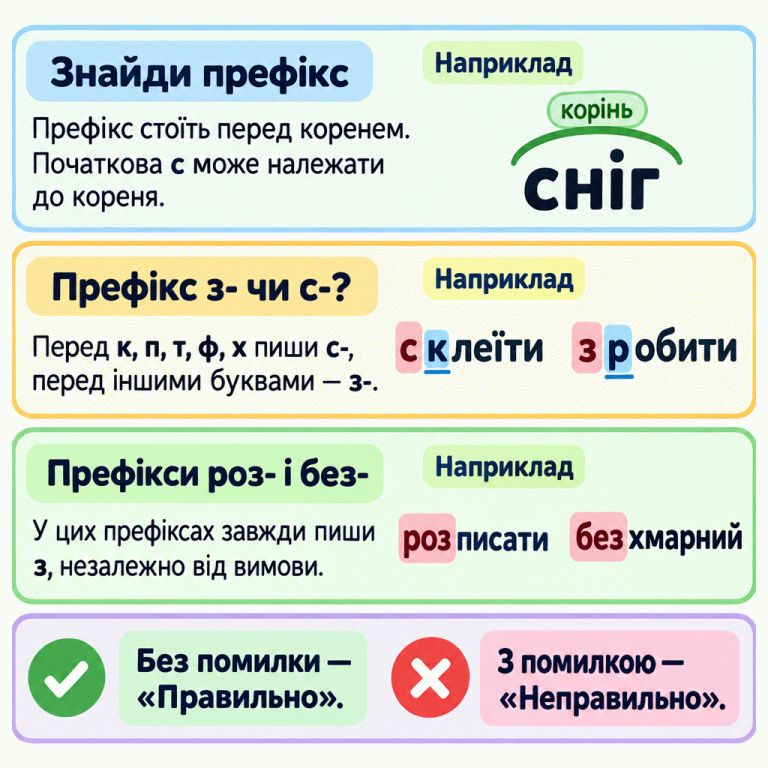 Пам’ятка про перевірку префіксів. У слові «сніг» усе слово позначено як корінь. Для вибору між з- і с- перед к, п, т, ф, х пишемо с-, перед іншими буквами — з-: «склеїти», «зробити». У префіксах роз- і без- зберігаємо з: «розписати», «безхмарний». Написання без помилки відносимо до «Правильно», з помилкою — до «Неправильно». Знайди префікс: Префікс стоїть перед коренем. Початкова с може належати до кореня. Префікс з- чи с-?: Перед к, п, т, ф, х пиши с-, перед іншими буквами — з-. Префікси роз- і без-: У цих префіксах завжди пиши з, незалежно від вимови. Без помилки — «Правильно». З помилкою — «Неправильно». Наприклад сніг корінь склеїти зробити розписати безхмарний ✓ ✕