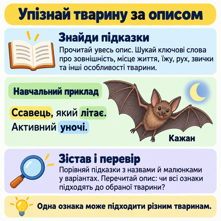 Картка пояснює, як упізнати тварину за описом: прочитати весь текст, знайти ключові ознаки, порівняти їх із назвами й малюнками та перевірити вибір. Навчальний приклад містить три підказки: ссавець, літає, активний уночі. Поруч зображено кажана з перетинчастими крилами та місяць. Підпис — «Кажан». Нагадування: одна ознака може підходити різним тваринам. Упізнай тварину за описом Знайди підказки: Прочитай увесь опис. Шукай ключові слова про зовнішність, місце життя, їжу, рух, звички та інші особливості тварини. Навчальний приклад: Ссавець, який літає. Активний уночі. Зістав і перевір: Порівняй підказки з назвами й малюнками у варіантах. Перечитай опис: чи всі ознаки підходять до обраної тварини? Одна ознака може підходити різним тваринам. Кажан