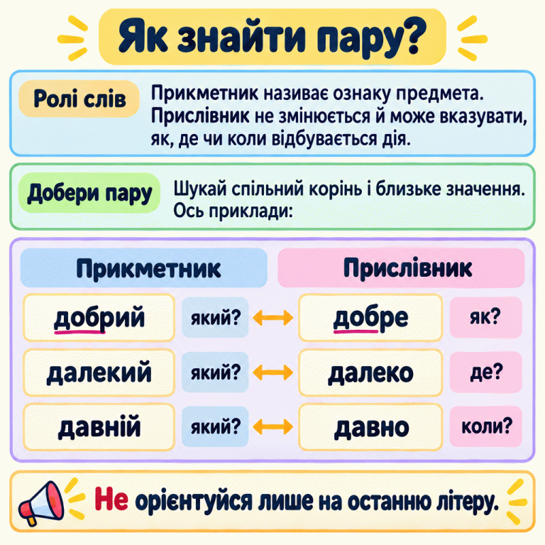 Пояснення добору споріднених прикметників і прислівників за спільним коренем та близьким значенням. Навчальні пари: добрий — добре, далекий — далеко, давній — давно. До прикметників поставлено питання «який?», до прислівників відповідно «як?», «де?», «коли?». У словах добрий і добре підкреслено спільний корінь добр. Нагадування: не орієнтуйся лише на останню літеру. Як знайти пару? Ролі слів: Прикметник називає ознаку предмета. Прислівник не змінюється й може вказувати, як, де чи коли відбувається дія. Добери пару: Шукай спільний корінь і близьке значення. Ось приклади: Не орієнтуйся лише на останню літеру. Прикметник Прислівник добрий добре далекий далеко давній давно який? як? де? коли?