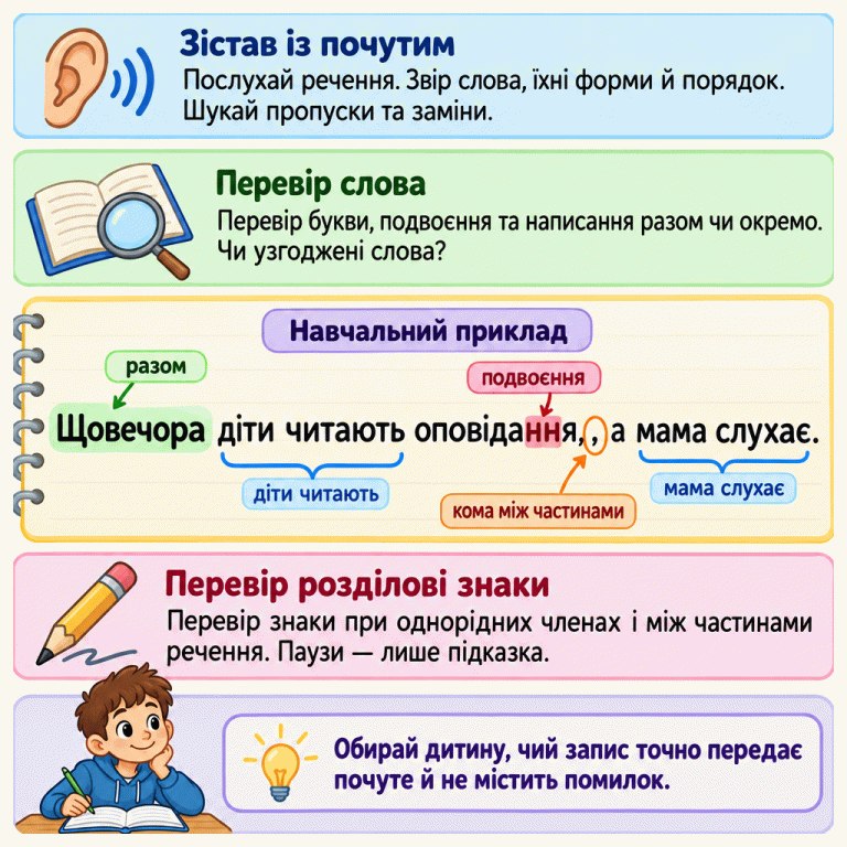 Пам’ятка перевірки речення: послухай і звір слова, їхні форми та порядок; перевір написання, узгодження й розділові знаки. Навчальний приклад: Щовечора діти читають оповідання, а мама слухає. Показано написання слова «Щовечора» разом, подвоєння у слові «оповідання», узгоджені пари «діти читають» і «мама слухає» та кому між частинами. Паузи — лише підказка. Обирай дитину, чий запис точно передає почуте й не містить помилок. Зістав із почутим: Послухай речення. Звір слова, їхні форми й порядок. Шукай пропуски та заміни. Перевір слова: Перевір букви, подвоєння та написання разом чи окремо. Чи узгоджені слова? Перевір розділові знаки: Перевір знаки при однорідних членах і між частинами речення. Паузи — лише підказка. Обирай дитину, чий запис точно передає почуте й не містить помилок. Навчальний приклад Щовечора діти читають оповідання, а мама слухає. разом подвоєння кома між частинами діти читають мама слухає