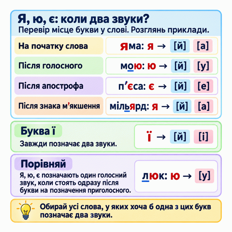 Картка пояснює: я, ю, є позначають відповідно [йа], [йу], [йе] на початку слова, після голосного, апострофа або знака м’якшення. Навчальні приклади: яма, мою, п’єса, мільярд. Ї завжди позначає [йі]. Безпосередньо після букви на позначення приголосного я, ю, є передають один голосний звук: у слові люк ю позначає [у]. Треба обирати всі слова, у яких хоча б одна з цих букв позначає два звуки. Я, ю, є: коли два звуки?: Перевір місце букви у слові. Розглянь приклади. Буква ї: Завжди позначає два звуки. Порівняй: Я, ю, є позначають один голосний звук, коли стоять одразу після букви на позначення приголосного. Обирай усі слова, у яких хоча б одна з цих букв позначає два звуки. На початку слова яма: я → [й] [а] Після голосного мою: ю → [й] [у] Після апострофа п’єса: є → [й] [е] Після знака м’якшення мільярд: я → [й] [а] ї → [й] [і] люк: ю → [у]