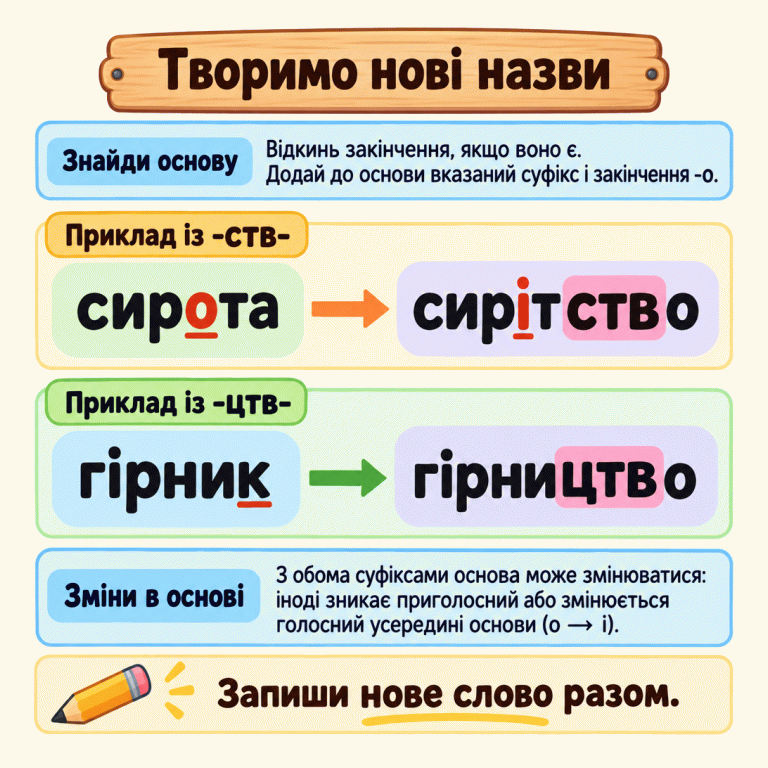 Картка пояснює творення нової назви від основи слова із заданим суфіксом та закінченням о. Приклад із -ств-: сирота — сирітство; закінчення а відкидаємо, о всередині основи змінюється на і. Приклад із -цтв-: гірник — гірництво; кінцевий к основи не зберігається. Зміни основи можливі з обома суфіксами, але потрібні не завжди. Нове слово записуємо разом. Творимо нові назви Знайди основу: Відкинь закінчення, якщо воно є. Додай до основи вказаний суфікс і закінчення -о. Зміни в основі: З обома суфіксами основа може змінюватися: іноді зникає приголосний або змінюється голосний усередині основи (о → і). Запиши нове слово разом. Приклад із -ств- сирота сирітство Приклад із -цтв- гірник гірництво