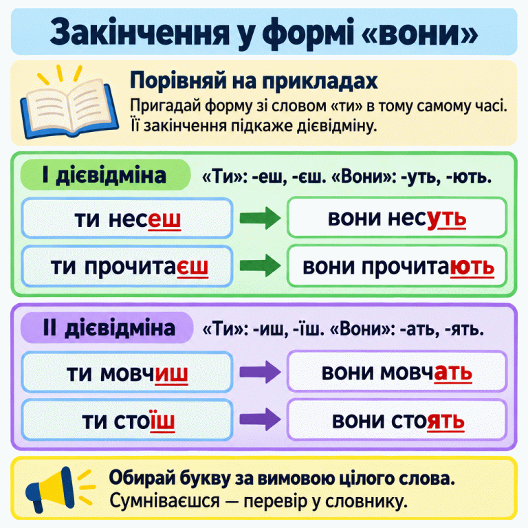 Картка порівнює форми дієслів зі словами «ти» та «вони» в тому самому часі. Відома форма «ти» допомагає визначити дієвідміну. І дієвідміна: для «ти» — -еш, -єш; для «вони» — -уть, -ють. Приклади: ти несеш — вони несуть; ти прочитаєш — вони прочитають. ІІ дієвідміна: для «ти» — -иш, -їш; для «вони» — -ать, -ять. Приклади: ти мовчиш — вони мовчать; ти стоїш — вони стоять. У закінченнях виділено цільові букви у, ю, а, я. Конкретну букву добирають за вимовою цілого слова; за сумніву перевіряють у словнику. Закінчення у формі «вони» Порівняй на прикладах: Пригадай форму зі словом «ти» в тому самому часі. Її закінчення підкаже дієвідміну. І дієвідміна: «Ти»: -еш, -єш. «Вони»: -уть, -ють. ІІ дієвідміна: «Ти»: -иш, -їш. «Вони»: -ать, -ять. Обирай букву за вимовою цілого слова. Сумніваєшся — перевір у словнику. ти несеш вони несуть ти прочитаєш вони прочитають ти мовчиш вони мовчать ти стоїш вони стоять