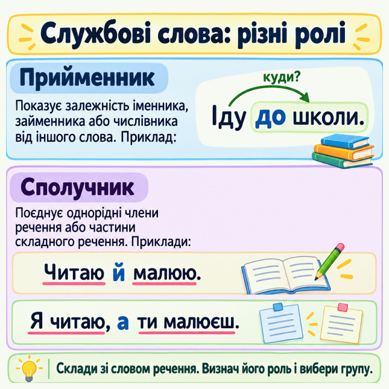 Прийменник показує залежність іменника, займенника або числівника від іншого слова. Приклад: «Іду до школи». Від слова «Іду» ставимо запитання «куди?» до всього сполучення «до школи». Сполучник поєднує однорідні члени речення: «Читаю й малюю», або частини складного речення: «Я читаю, а ти малюєш». Щоб вибрати групу для слова, склади з ним речення та визнач його роль. Службові слова: різні ролі Прийменник: Показує залежність іменника, займенника або числівника від іншого слова. Приклад: Сполучник: Поєднує однорідні члени речення або частини складного речення. Приклади: Склади зі словом речення. Визнач його роль і вибери групу. Іду до школи. куди? Читаю й малюю. Я читаю, а ти малюєш.