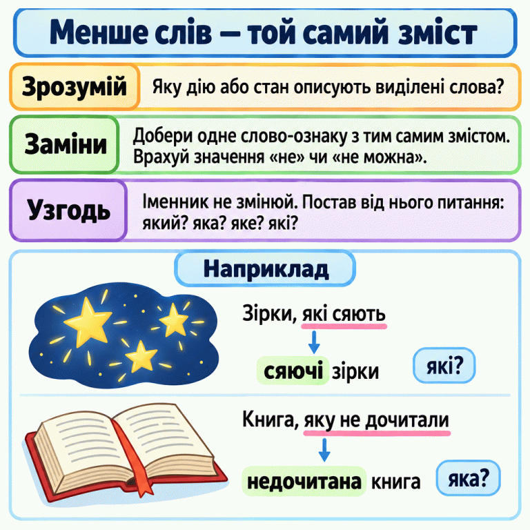 Пам’ятка вчить замінювати опис дії або стану одним словом-ознакою без зміни змісту. Навчальні приклади: «Зірки, які сяють» — «сяючі зірки», питання «які?»; «Книга, яку не дочитали» — «недочитана книга», питання «яка?». Іменник не змінюється, слово-ознака узгоджується з ним. Значення «не» чи «не можна» потрібно зберегти. Менше слів — той самий зміст Зрозумій: Яку дію або стан описують виділені слова? Заміни: Добери одне слово-ознаку з тим самим змістом. Врахуй значення «не» чи «не можна». Узгодь: Іменник не змінюй. Постав від нього питання: який? яка? яке? які? Наприклад Зірки, які сяють сяючі зірки які? Книга, яку не дочитали недочитана книга яка?