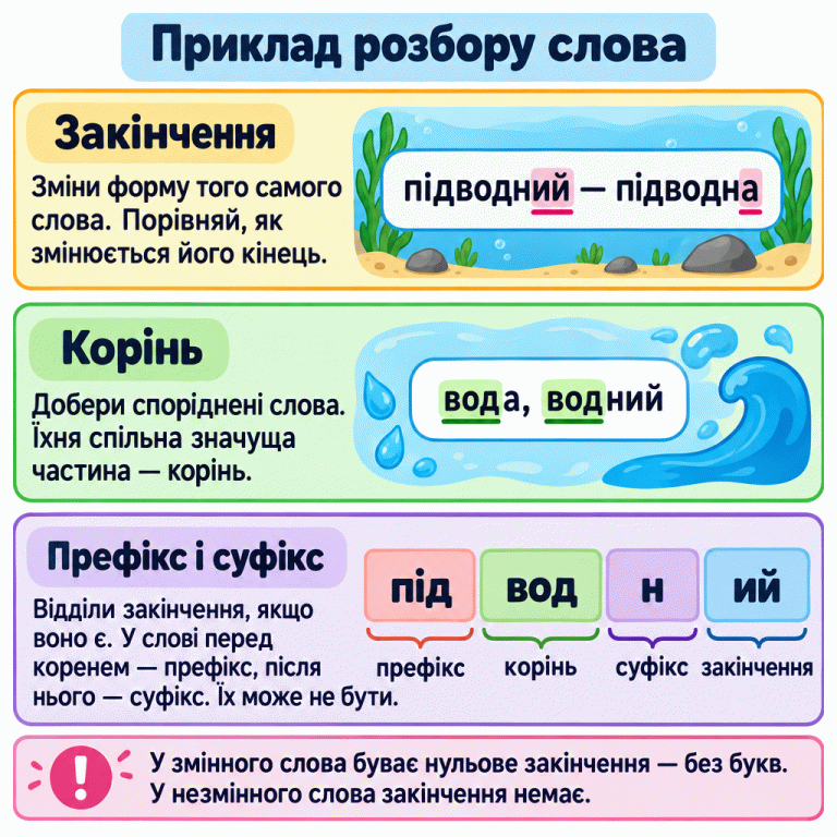Навчальний приклад розбору слова підводний. Спочатку порівнюємо форми підводний і підводна: закінчення ий та а. Далі добираємо споріднені слова вода, водний зі спільним коренем вод. У схемі під — префікс, вод — корінь, н — суфікс, ий — закінчення. Префікса або суфікса може не бути. Нульове закінчення змінного слова не виражене буквами; незмінне слово закінчення не має. Приклад розбору слова Закінчення: Зміни форму того самого слова. Порівняй, як змінюється його кінець. Корінь: Добери споріднені слова. Їхня спільна значуща частина — корінь. Префікс і суфікс: Відділи закінчення, якщо воно є. У слові перед коренем — префікс, після нього — суфікс. Їх може не бути. У змінного слова буває нульове закінчення — без букв. У незмінного слова закінчення немає. підводний — підводна вода, водний під вод н ий префікс корінь суфікс закінчення !
