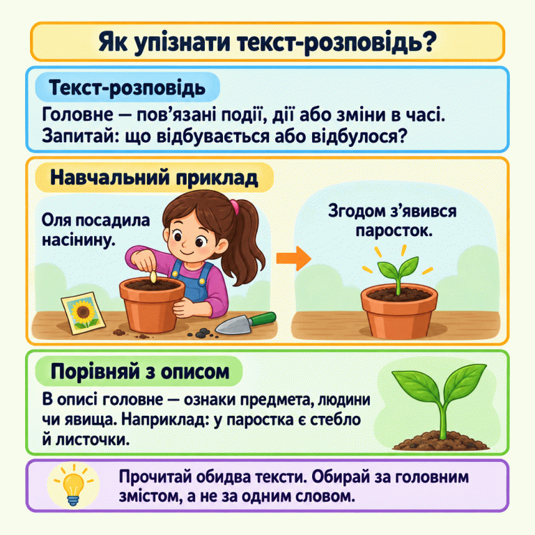 Пам’ятка пояснює: у тексті-розповіді головні пов’язані події, дії або зміни, а в описі — ознаки. У навчальному прикладі Оля садить насінину, а згодом з’являється паросток. Окремий малюнок паростка зі стеблом і листочками ілюструє опис. Обирати слід за головним змістом усього тексту, а не за одним словом. Як упізнати текст-розповідь? Текст-розповідь: Головне — пов’язані події, дії або зміни в часі. Запитай: що відбувається або відбулося? Навчальний приклад: Оля посадила насінину. Згодом з’явився паросток. Порівняй з описом: В описі головне — ознаки предмета, людини чи явища. Наприклад: у паростка є стебло й листочки. Прочитай обидва тексти. Обирай за головним змістом, а не за одним словом.