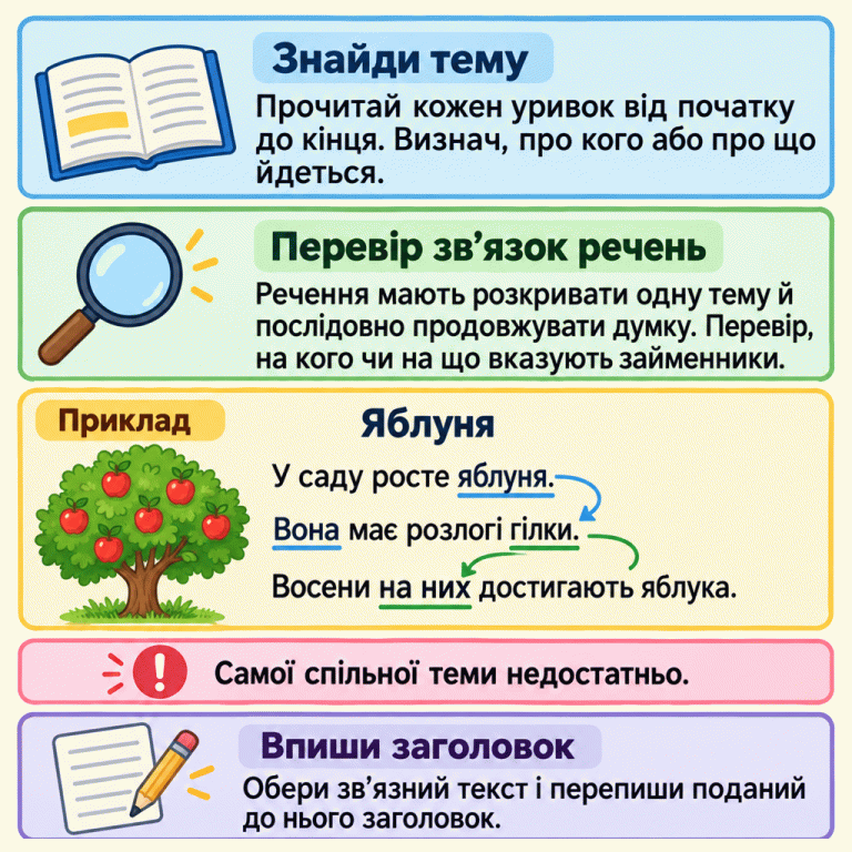 Прочитай кожен уривок, знайди тему, перевір послідовність речень і зрозумілість займенників. Самої спільної теми недостатньо. Навчальний приклад має заголовок «Яблуня»: «У саду росте яблуня. Вона має розлогі гілки. Восени на них достигають яблука». Парні підкреслення показують: «Вона» вказує на яблуню, а «на них» — на гілки. У завданні обери зв’язний текст і перепиши поданий до нього заголовок. Знайди тему: Прочитай кожен уривок від початку до кінця. Визнач, про кого або про що йдеться. Перевір зв’язок речень: Речення мають розкривати одну тему й послідовно продовжувати думку. Перевір, на кого чи на що вказують займенники. Впиши заголовок: Обери зв’язний текст і перепиши поданий до нього заголовок. Самої спільної теми недостатньо. Приклад Яблуня У саду росте яблуня. Вона має розлогі гілки. Восени на них достигають яблука. !