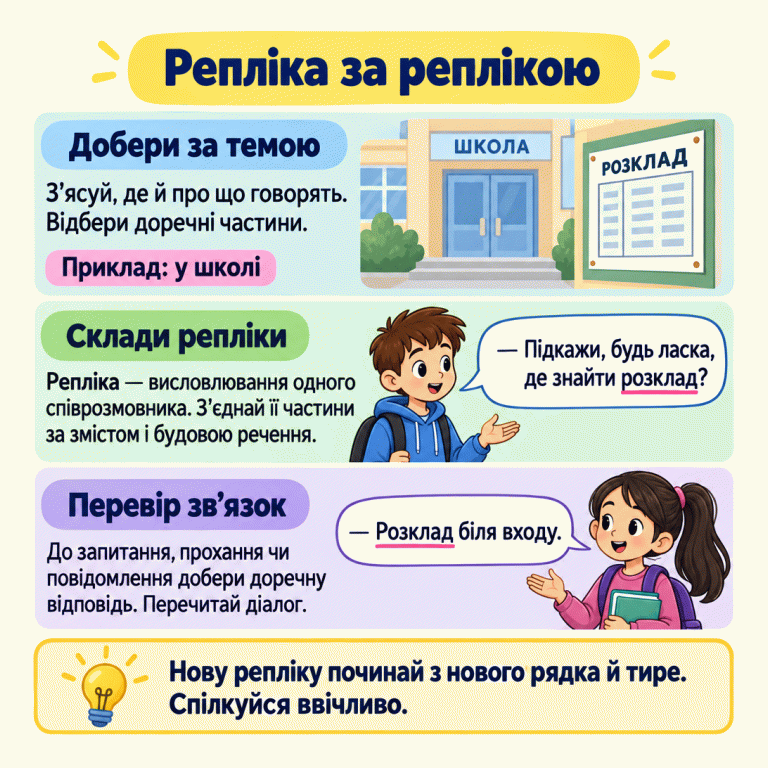 Добери частини за темою, поєднай їх у репліки та знайди доречну відповідь. У навчальному прикладі в школі перший учень запитує: «Підкажи, будь ласка, де знайти розклад?» Це одна репліка з двох частин, тому тире є лише на її початку. Другий учень відповідає: «Розклад біля входу». Відповідь стосується запитання. Кожна нова репліка починається з нового рядка й тире; розмова залишається ввічливою. Репліка за реплікою Добери за темою: З’ясуй, де й про що говорять. Відбери доречні частини. Склади репліки: Репліка — висловлювання одного співрозмовника. З’єднай її частини за змістом і будовою речення. Перевір зв’язок: До запитання, прохання чи повідомлення добери доречну відповідь. Перечитай діалог. Нову репліку починай з нового рядка й тире. Спілкуйся ввічливо. Приклад: у школі — Підкажи, будь ласка, де знайти розклад? — Розклад біля входу. ШКОЛА РОЗКЛАД