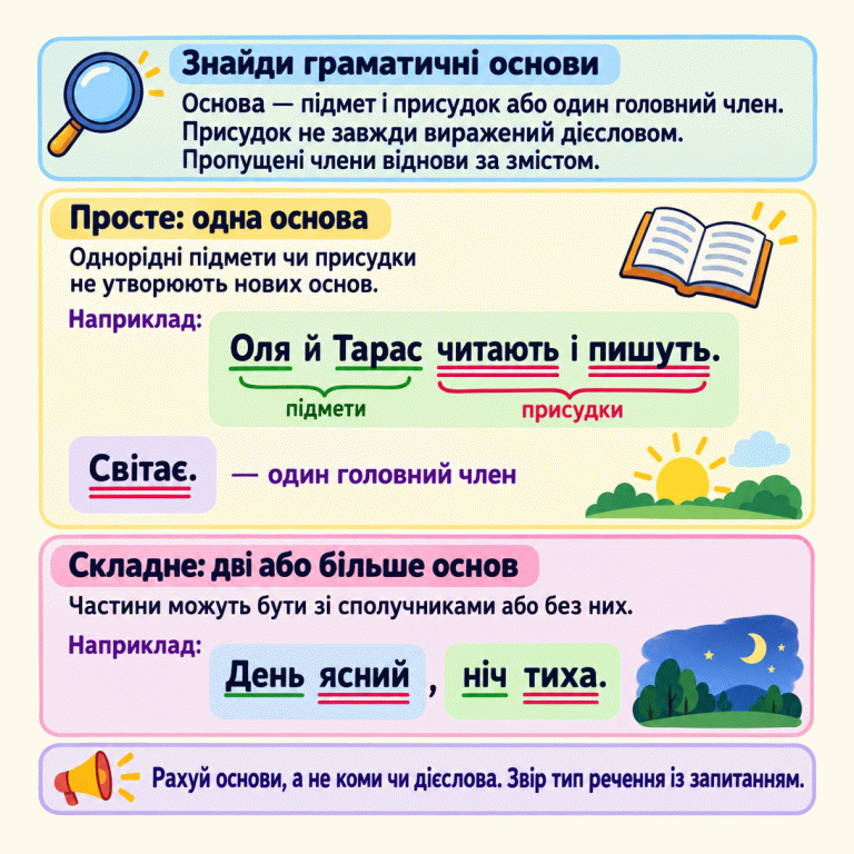 Схема розрізнення речень за граматичними основами. Одна основа — просте речення, дві або більше — складне. У прикладі «Оля й Тарас читають і пишуть» однорідні підмети й присудки належать до однієї основи. «Світає» має один головний член. У реченні «День ясний, ніч тиха» дві основи з прикметниковими присудками, без сполучника. Підмети підкреслено однією рискою, присудки — двома. Треба враховувати пропущені члени й відповідати саме на поставлене запитання. Знайди граматичні основи: Основа — підмет і присудок або один головний член. Присудок не завжди виражений дієсловом. Пропущені члени віднови за змістом. Просте: одна основа: Однорідні підмети чи присудки не утворюють нових основ. Складне: дві або більше основ: Частини можуть бути зі сполучниками або без них. Рахуй основи, а не коми чи дієслова. Звір тип речення із запитанням. Наприклад: Оля й Тарас читають і пишуть. підмети присудки Світає. один головний член День ясний, ніч тиха. —