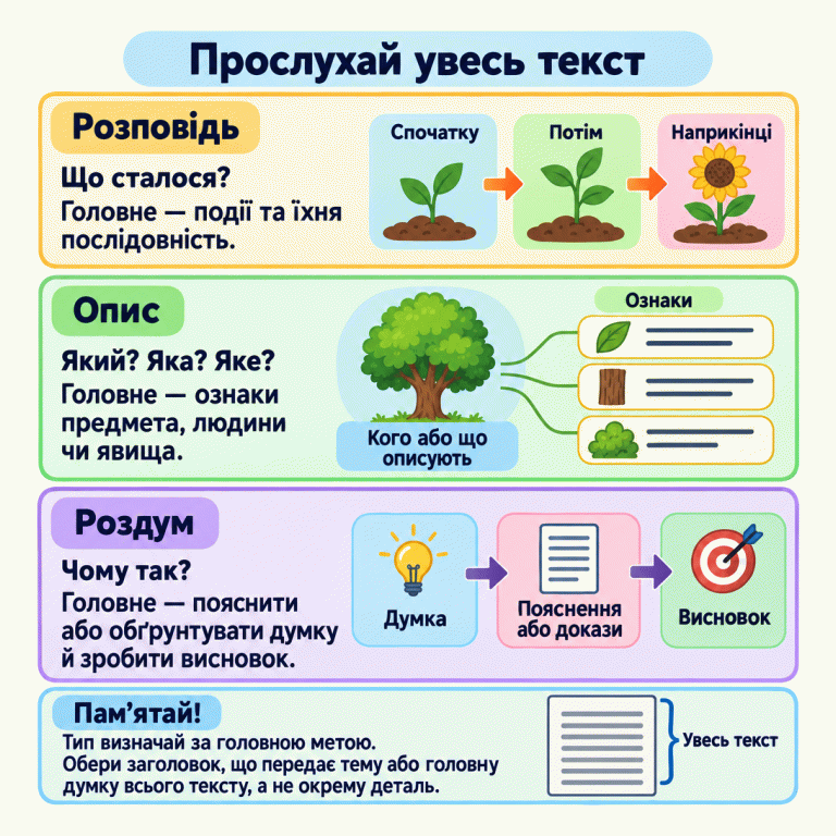 Прослухай увесь текст. У розповіді головне — події та їхня послідовність. В описі — ознаки предмета, людини чи явища. У роздумі — думка, її пояснення або докази та висновок. Тип визначай за головною метою. Заголовок має передавати тему або головну думку всього тексту, а не окрему деталь. Прослухай увесь текст Розповідь: Що сталося? Головне — події та їхня послідовність. Опис: Який? Яка? Яке? Головне — ознаки предмета, людини чи явища. Роздум: Чому так? Головне — пояснити або обґрунтувати думку й зробити висновок. Тип визначай за головною метою. Обери заголовок, що передає тему або головну думку всього тексту, а не окрему деталь. Спочатку Потім Наприкінці Кого або що описують Ознаки Думка Пояснення або докази Висновок Увесь текст Пам’ятай!