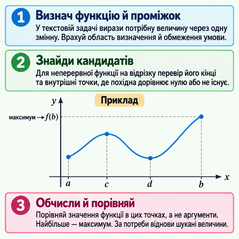 Три кроки пошуку максимуму: визнач функцію та допустимий проміжок; для неперервної функції на відрізку перевір його кінці й внутрішні точки, де похідна нульова або не існує; обчисли та порівняй значення функції, не аргументи. На навчальному графіку локальний максимум у c нижчий за значення f(b) у кінці відрізка. Саме f(b) є максимумом цього прикладу. У текстовій задачі за відповідним аргументом відновлюють запитані величини. Визнач функцію й проміжок: У текстовій задачі вирази потрібну величину через одну змінну. Врахуй область визначення й обмеження умови. Знайди кандидатів: Для неперервної функції на відрізку перевір його кінці та внутрішні точки, де похідна дорівнює нулю або не існує. Обчисли й порівняй: Порівняй значення функції в цих точках, а не аргументи. Найбільше — максимум. За потреби віднови шукані величини. Приклад x y a c d b f(b) максимум 1 2 → 3