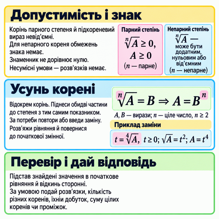 Три блоки пояснюють допустимість, усунення коренів і перевірку відповіді. Для парного кореня підкореневий вираз і значення невід’ємні; для непарного обмежень знака немає. Знаменники ненульові. Загальне правило показує піднесення обох частин до степеня з показником кореня. У прикладі t — невід’ємний корінь четвертого степеня з A; квадратний корінь з A дорівнює t², а A дорівнює t⁴. Знайдені значення перевіряють у початковому рівнянні та подають у запитаній формі. Допустимість і знак: Корінь парного степеня й підкореневий вираз невід’ємні. Для непарного кореня обмежень знака немає. Знаменник не дорівнює нулю. Несумісні умови — розв’язків немає. Усунь корені: Відокрем корінь. Піднеси обидві частини до степеня з тим самим показником. За потреби повтори або введи заміну. Розв’яжи рівняння й повернися до початкової змінної. Перевір і дай відповідь: Підстав знайдені значення в початкове рівняння й відкинь сторонні. За умовою подай розв’язки, кількість різних коренів, їхній добуток, суму цілих коренів чи проміжок. ⁿ√A = B ⇒ A = Bⁿ A, B — вирази; n — ціле число, n ≥ 2 Приклад заміни t = ⁴√A, t ≥ 0; √A = t²; A = t⁴ Парний степінь ⁿ√A ≥ 0, A ≥ 0 (n — парне) Непарний степінь ⁿ√A — може бути додатним, нульовим або від’ємним (n — непарне)
